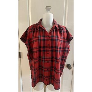 Madewell Plaid Short Sleeve Button Shirt Blouse‎ Black Red Camp Size Medium